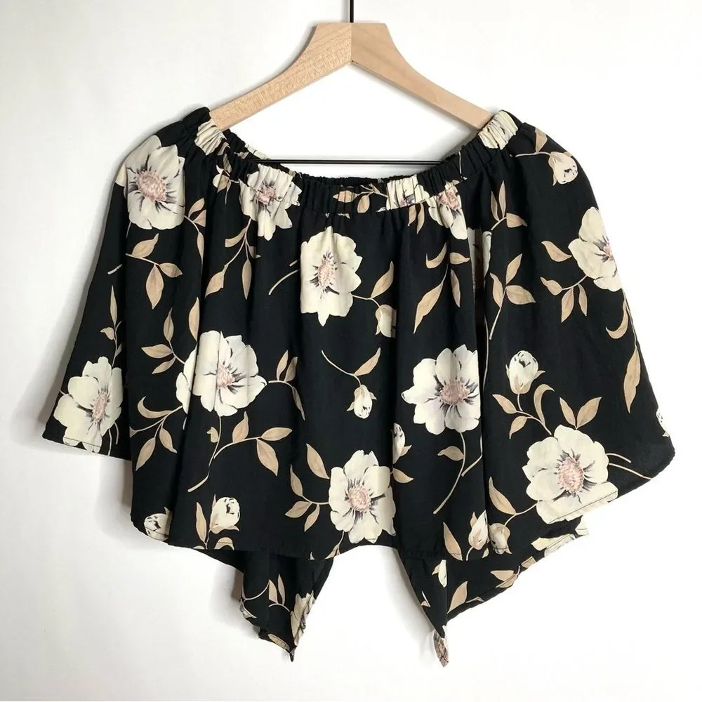 Lulus Cropped Cropped Cape Draped Blouse Size Small Black Tan Floral Split Back